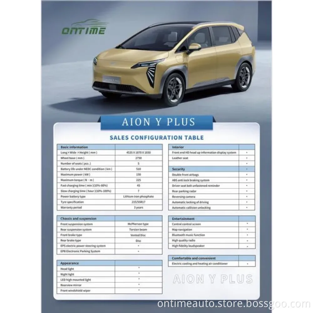 High Speed Cheapest Auto Electrico New 4 Wheels Electric Car and Vehicle Automotives Ontime Y Plus Electric Vehicle